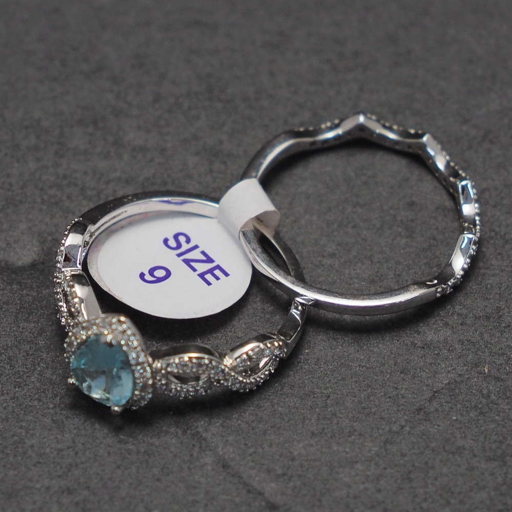 Ring Set 2pc Blue Pear Rhinestone March Birthstone Halo Infinity Silver Tone - Picture 2 of 8